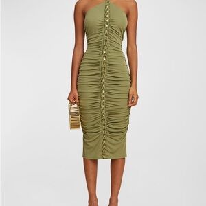 Cult Gaia Calian - Olive Halter Ruched Midi Dress with Center Braided Detail